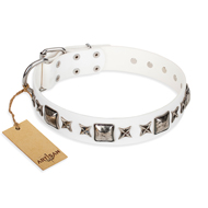 "Intergalactic Travelling" FDT Artisan Handmade White Leather Pitbull Collar with Stars and Studs "Intergalactic Travelling" FDT Artisan Handmade White Leather Pitbull Collar with Stars and Studs