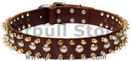 3 Rows Leather Dog Collar with Nickel Studs and Brass Spikes