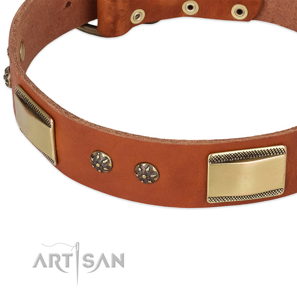 Everyday use natural genuine leather collar with rust resistant buckle and D-ring