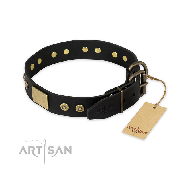 Everyday use natural genuine leather collar with decorations for your pet