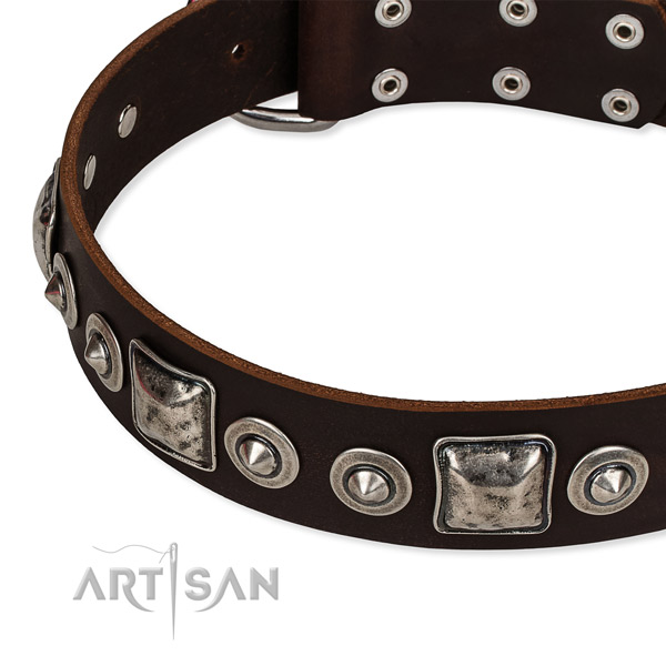 Easy to put on/off leather dog collar with almost unbreakable rust-proof set of hardware
