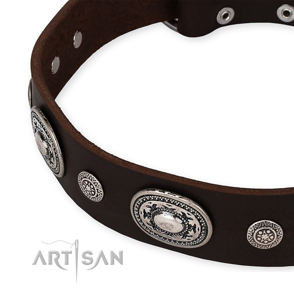 Snugly fitted leather dog collar with almost unbreakable rust-proof hardware