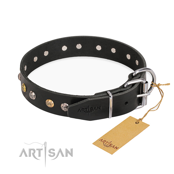 Extraordinary design studs on natural genuine leather dog collar