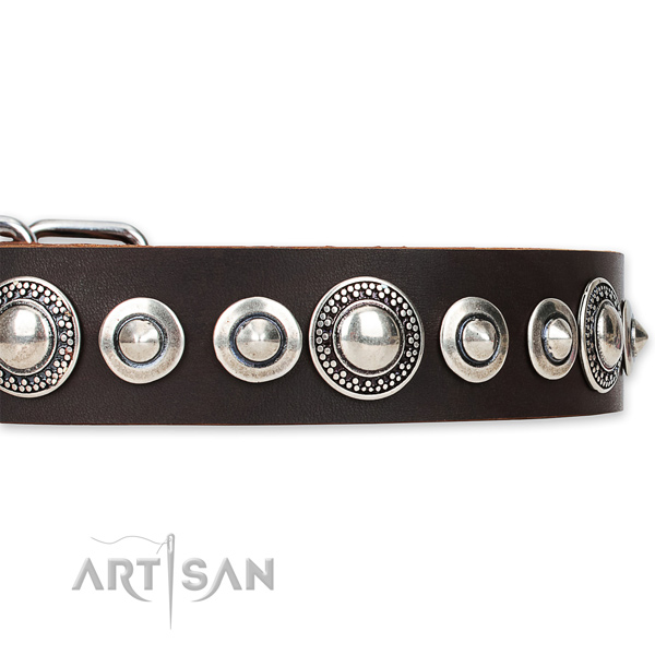 Easy to adjust leather dog collar with almost unbreakable non-rusting hardware