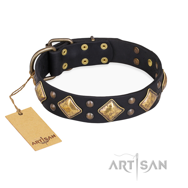 Trendy design decorations on natural genuine leather dog collar