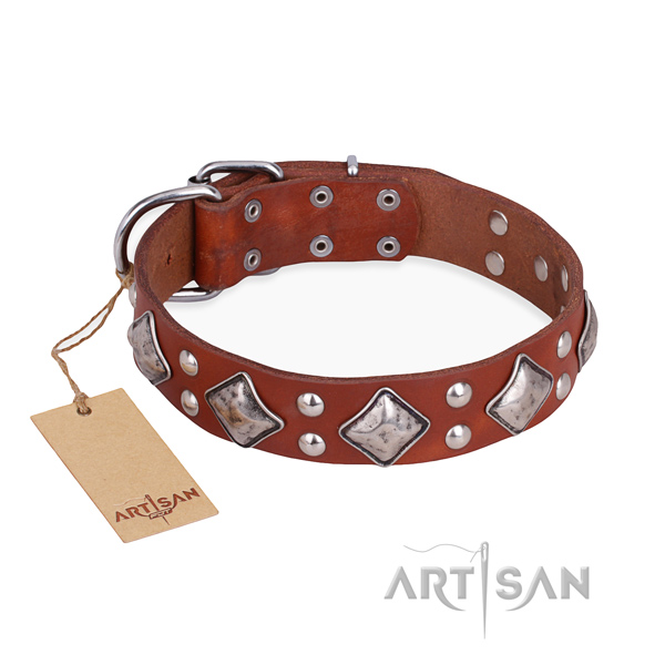 Remarkable design studs on natural genuine leather dog collar