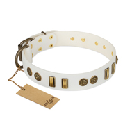 "Midsummer Snow" FDT Artisan White Leather Pitbull Collar with Old Bronze-like Plates and Circles "Midsummer Snow" FDT Artisan White Leather Pitbull Collar with Old Bronze-like Plates and Circles