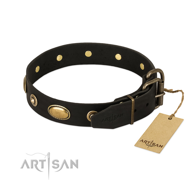 Reliable D-ring on natural leather dog collar for your doggie