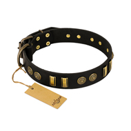 "Simple Elegance" FDT Artisan Black Leather Pitbull Collar with Old Bronze-like Plates and Circles "Simple Elegance" FDT Artisan Black Leather Pitbull Collar with Old Bronze-like Plates and Circles