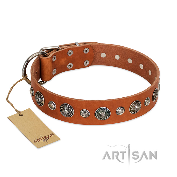 Gentle to touch full grain genuine leather dog collar with rust-proof buckle