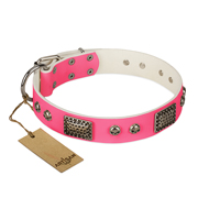 "Fashion Skulls" FDT Artisan Pink Leather Pitbull Collar with Old Silver Look Plates and Skulls "Fashion Skulls" FDT Artisan Pink Leather Pitbull Collar with Old Silver Look Plates and Skulls