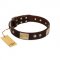 "Middle Age" FDT Artisan Brown Leather Pitbull Collar with Old Bronze-Plated Engraved Flowers and Large Plates