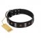 "Pirates' Symbol" Fashionable FDT Artisan Black Leather Pitbull Collar with Silver-Like Plates and Gold-Like Skulls