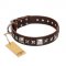 'Perfect Impression' FDT Artisan Brown Leather Pitbull Collar with Silvery Square Studs - 1 1/2 inch (40 mm) Wide