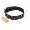"Power-Flower" FDT Artisan Black Leather Pitbull Collar with Two Rows of Silver-like Studs with Engraved Flowers