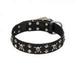 FDT Artisan 'Rock 'n' Roll Style' Leather Pitbull Collar with Skulls, Bones and Studs 1 1/2 inch (40 mm) wide