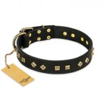 'Rhomb Style' FDT Artisan Pitbull Decorated Black Leather Dog Collar with Old Bronze-Like Plated Studs 1 1/2 inch (40 mm) Wide