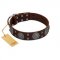 "Hypnotic Stones" FDT Artisan Brown Leather Pitbull Collar with Chrome Plated Brooches and Square Studs