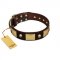 "Heavy Metal" FDT Artisan Brown Leather Pitbull Collar with Old Bronze-like Skulls and Plates