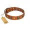"Rockin' Doggie" FDT Artisan Tan Leather Pitbull Collar Adorned with Stars and Skulls