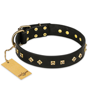 'Rhomb Style' FDT Artisan Pitbull Decorated Black Leather Dog Collar with Old Bronze-Like Plated Studs 1 1/2 inch (40 mm) Wide