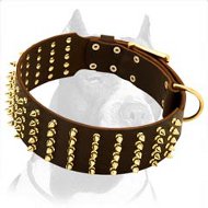 Extra Wide Leather Dog Collar with 5 Rows of Brass Spikes