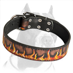 Leather Dog Collar with Bright Image of Burning Flames for Pitbull