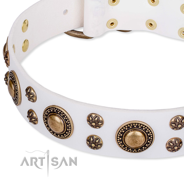 Easy to adjust leather dog collar with almost unbreakable rust-proof buckle and D-ring