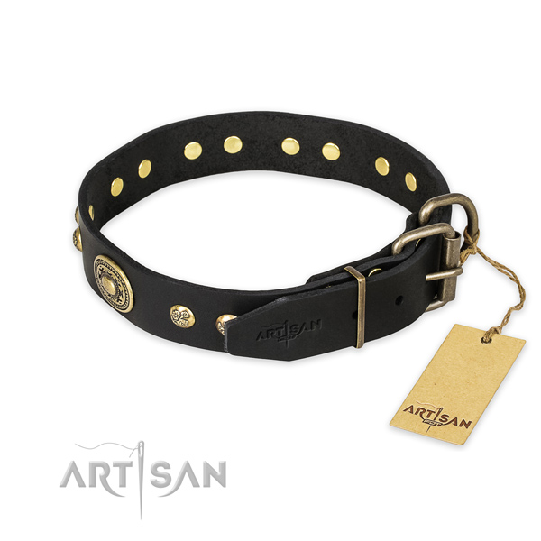 Exquisite design adornments on natural genuine leather dog collar