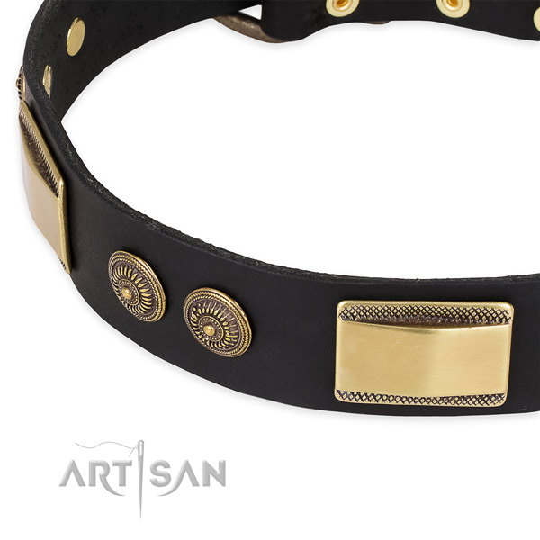 Walking natural genuine leather collar with strong buckle and D-ring