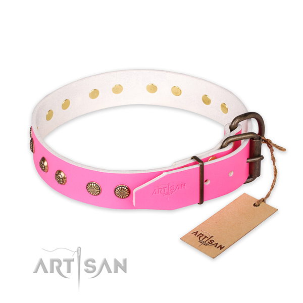 Walking natural genuine leather collar with adornments for your doggie