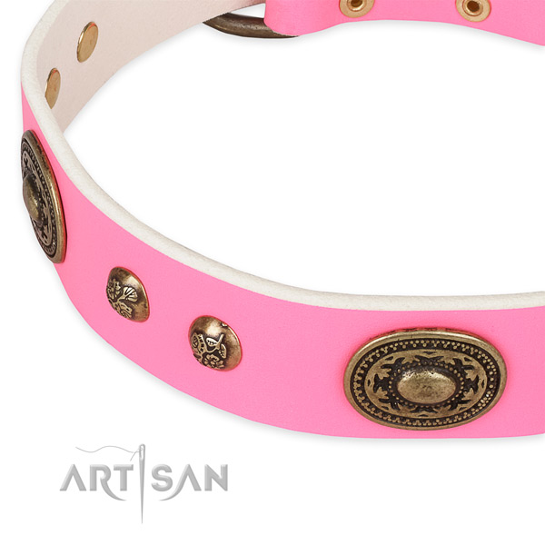 Stylish walking full grain natural leather collar with corrosion resistant buckle and D-ring