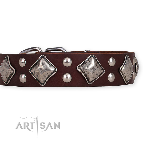 Adjustable leather dog collar with resistant durable buckle and D-ring