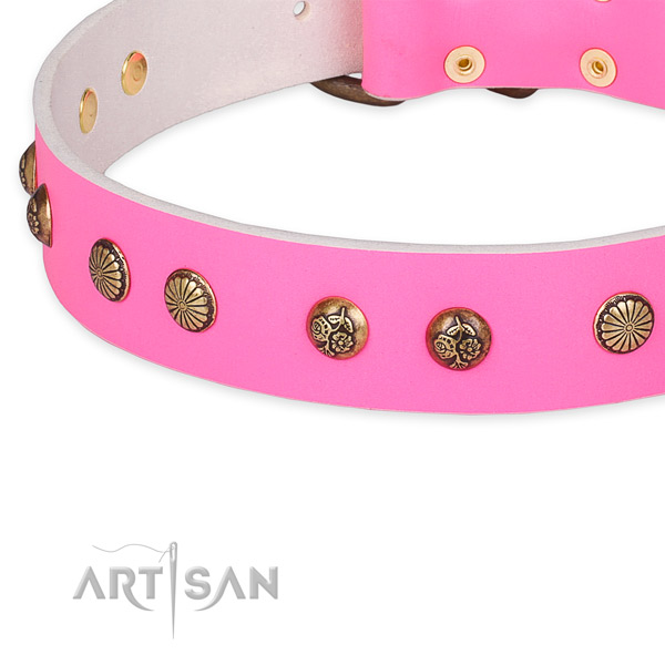 Adjustable leather dog collar with almost unbreakable non-rusting buckle and D-ring