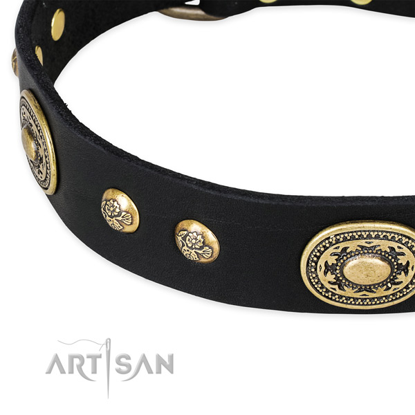 Handy use full grain leather collar with rust resistant buckle and D-ring