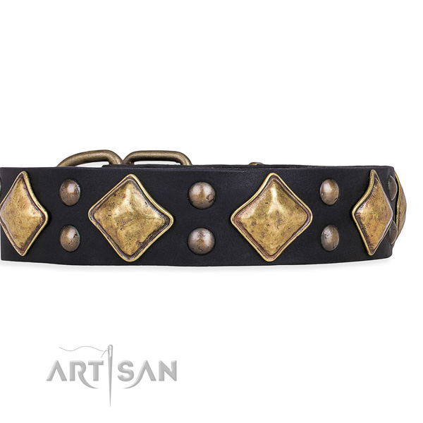 Easy to use leather dog collar with almost unbreakable rust-proof buckle and D-ring