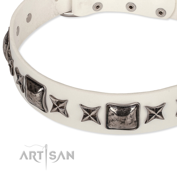 Easy to put on/off leather dog collar with almost unbreakable durable buckle and D-ring