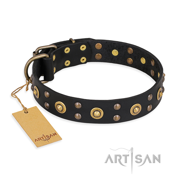 Unique design decorations on full grain leather dog collar