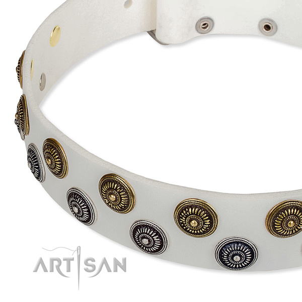 Adjustable leather dog collar with almost unbreakable rust-proof set of hardware