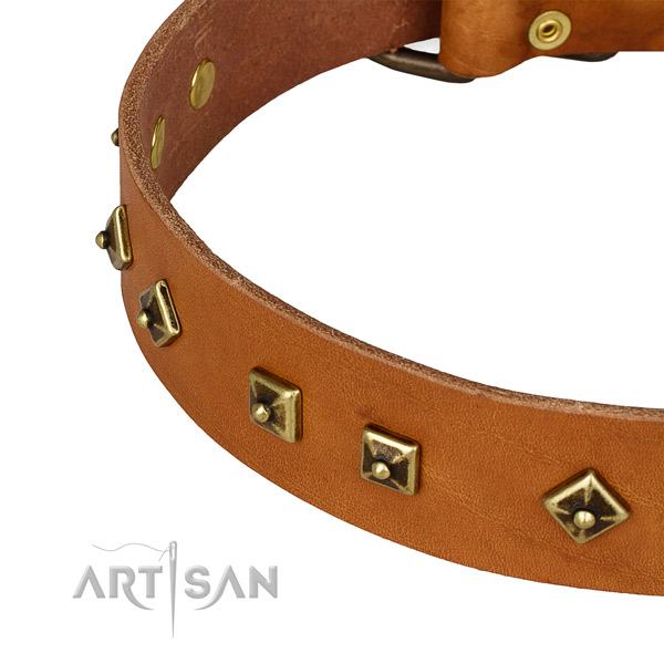 Handy use natural genuine leather collar with corrosion proof buckle and D-ring