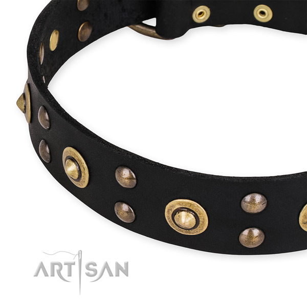 Easy to adjust leather dog collar with resistant brass plated hardware