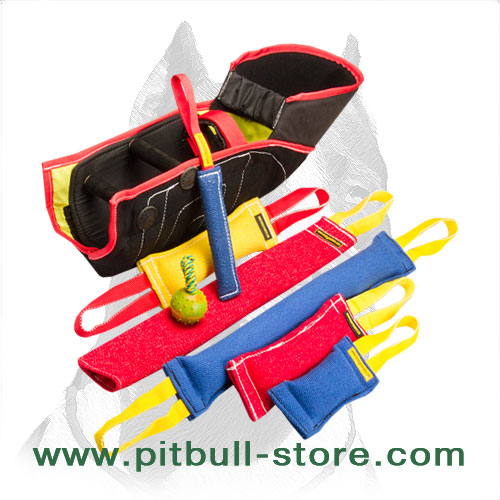 Pitbull training set of Frnch linen tugs, sleeve and rubber ball