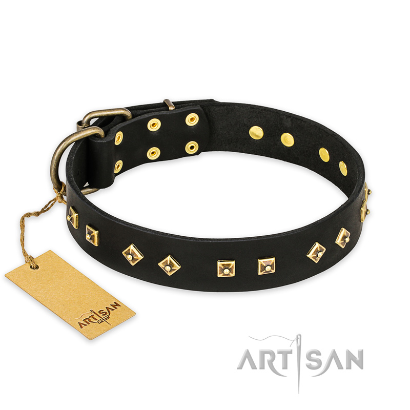 'Rhomb Style' FDT Artisan Pitbull Decorated Black Leather Dog Collar with Old Bronze-Like Plated Studs 1 1/2 inch (40 mm) Wide - Click Image to Close