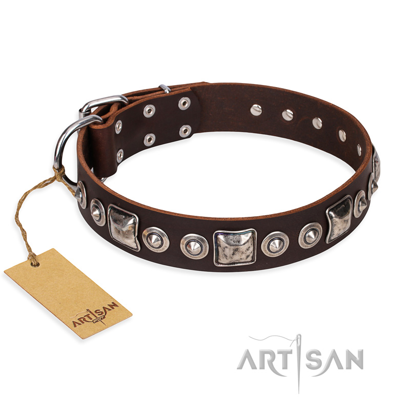 'Pierian spring' FDT Artisan Brown Leather Pitbull Dog Collar with Silvery Decorations - 1 1/2 inch (40 mm) wide