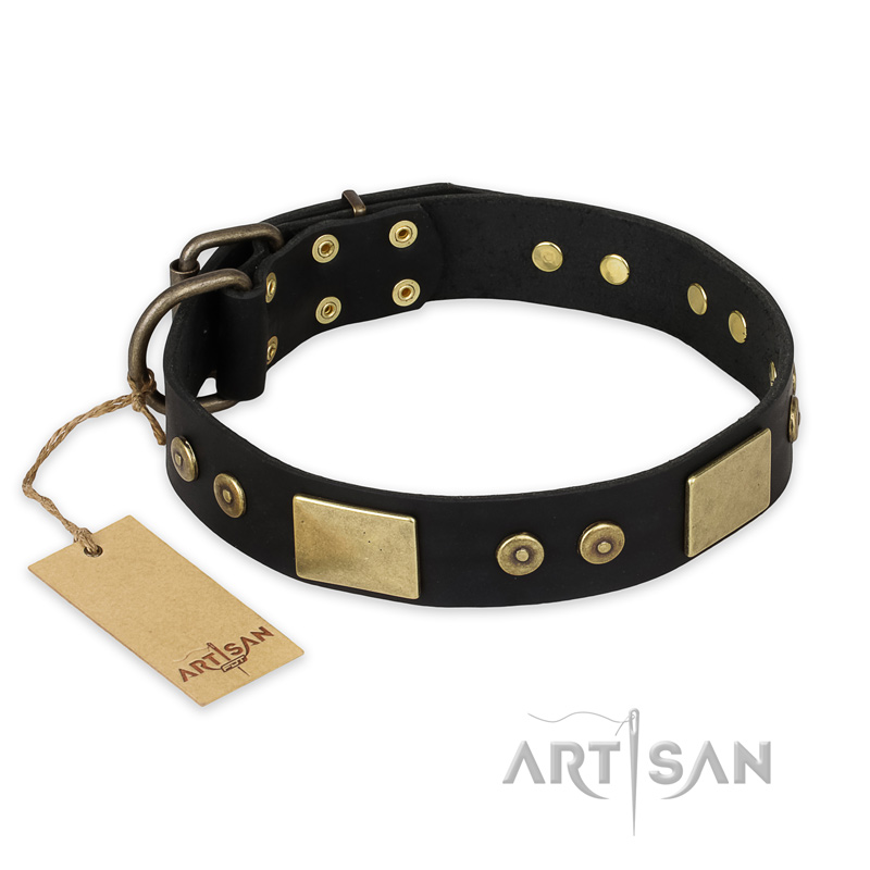 "Spanish night" FDT Artisan Black Leather Pitbull Collar for Daily Walking- 1 1/2 inch (40mm) wide