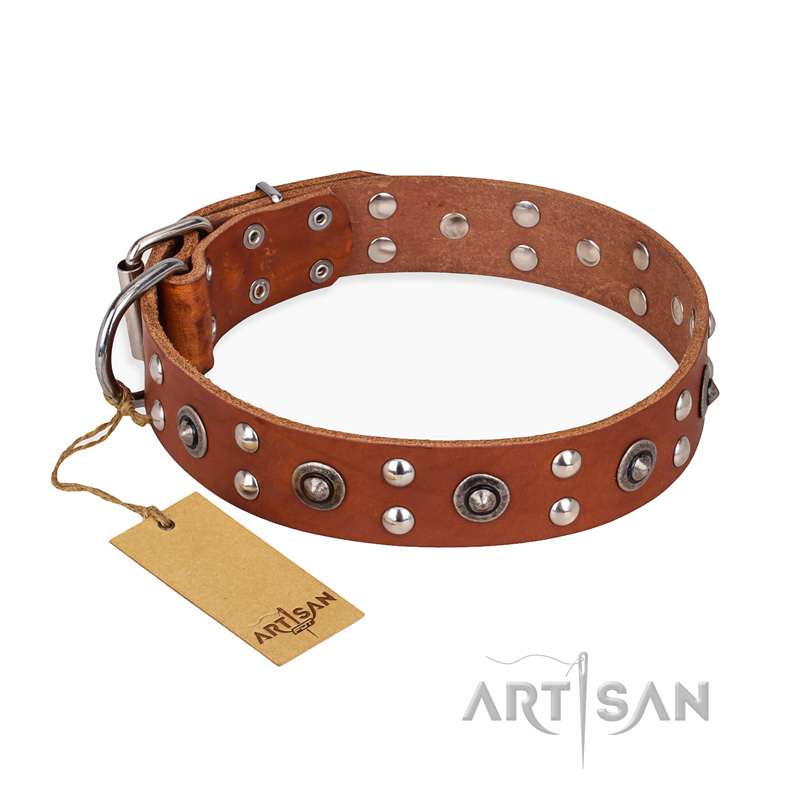 'Silver Elegance' FDT Artisan Tan Leather Pitbull Collar with Old Silver-Likeed Studs and Cones 1 1/2 inch (40 mm) Wide Plat - Click Image to Close