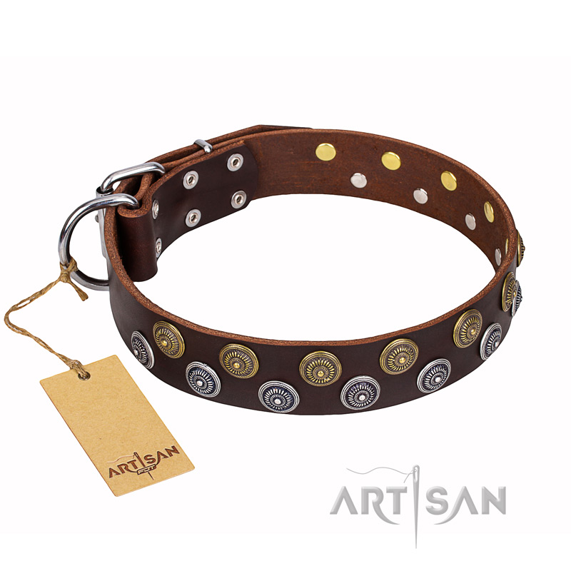 'Strong Shields' FDT Artisan Leather Pitbull Collar with Fancy Adornment - 1 1/2 inch (40 mm) wide