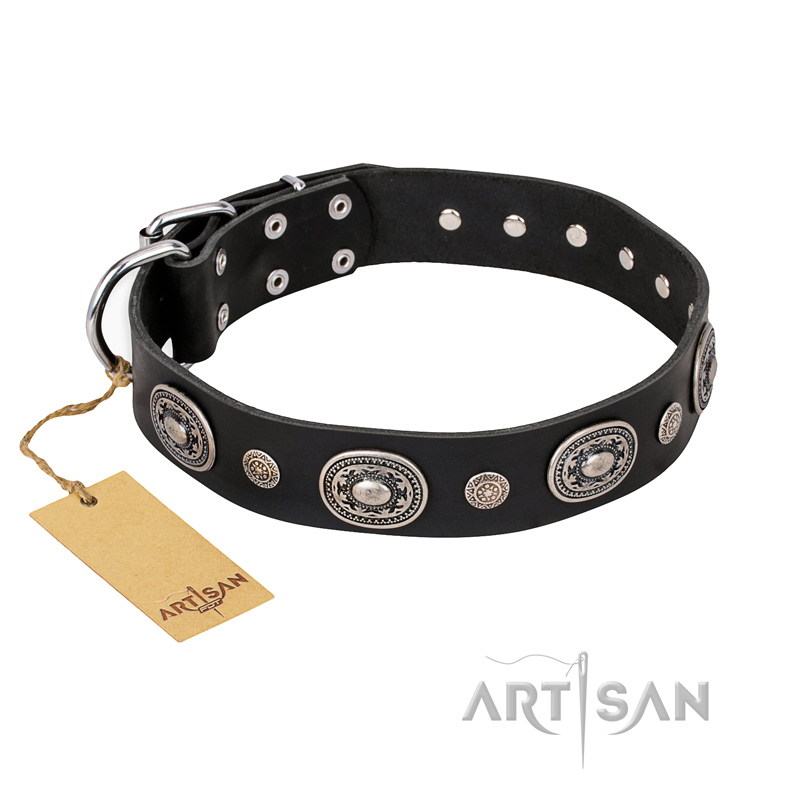 'Black Tie' FDT Artisan Leather Pitbull Collar with Old Silver-like Decorations - 1 1/2 inch (40 mm) wide