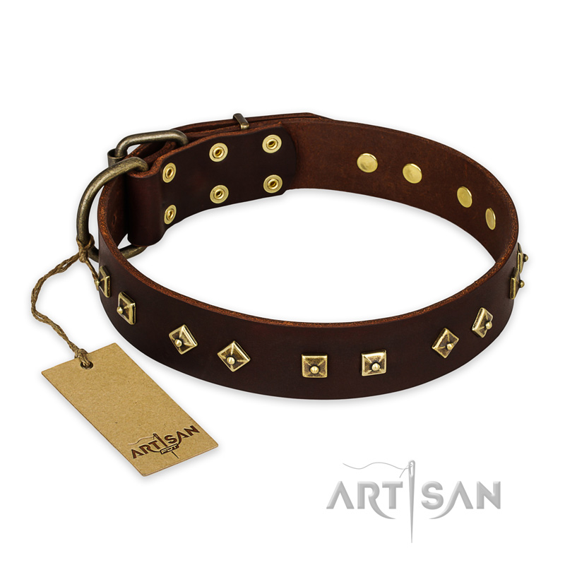 'Fashion Studs' FDT Artisan Decorated Brown Leather Pitbull Collar with Old Bronze-Plated Steel Hardware 1 1/2 inch (40 mm) Wide