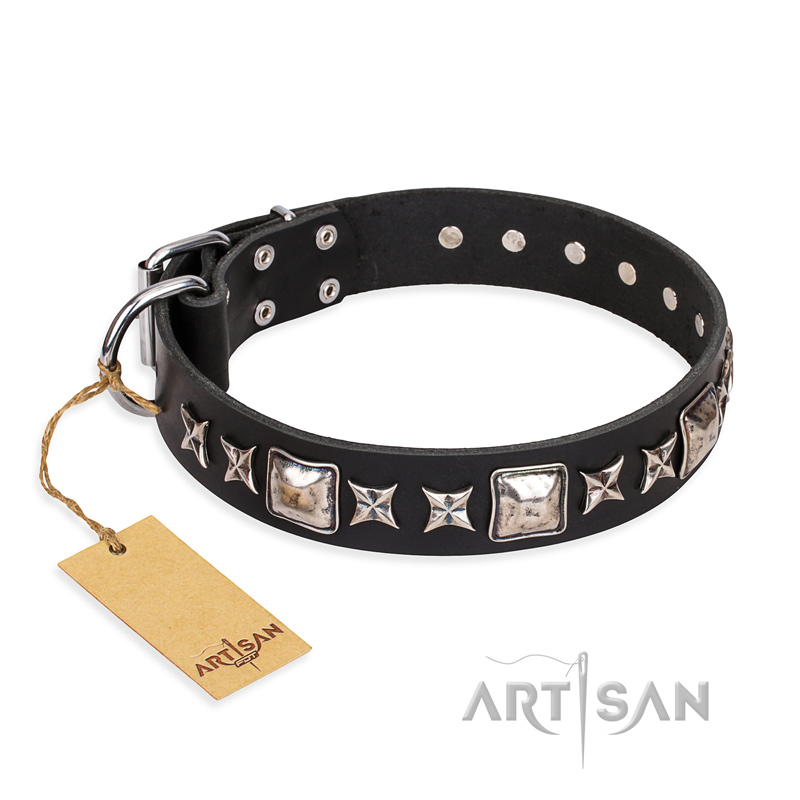 'Space Walk' FDT Artisan Black Leather Pitbull Dog Collar with Adornments